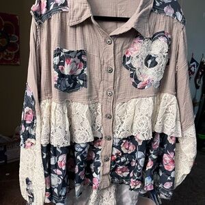 POL Beige and Pink Patchwork Blouse